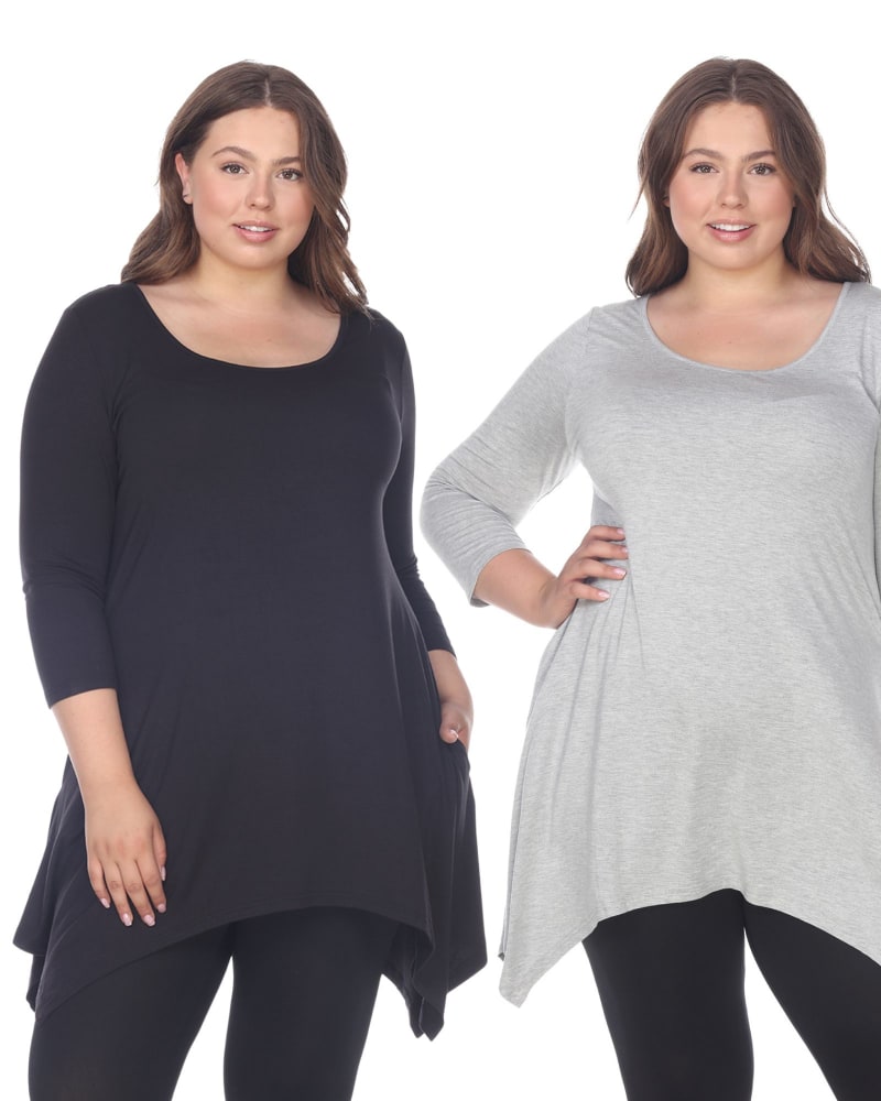 Front of a model wearing a size 4X Essential Makayla 2-Pack Tunic Top in Navy Grey by White Mark. | dia_product_style_image_id:249960